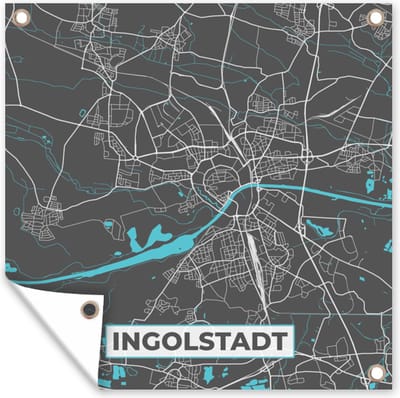 Tuin poster Stadskaart – Kaart – Ingolstadt – Blauw – Duitsland – Plattegrond - 200x200 cm - Tuindoek
