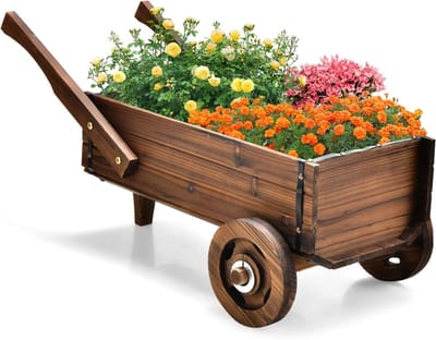 COSTWAY Plantenwagen van hout, met wielen en handgrepen, bloemwagen met afvoergat, plantenpot, bolderkar, kruiwagen, tuindecoratie, rustieke plantenwagen voor tuin terras, bruin