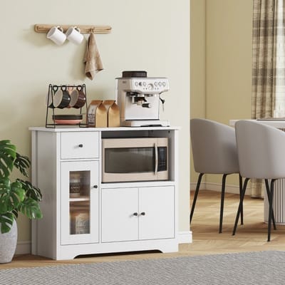 MEUNIQ Keukenkast 80 x 35 x 72,2 cm met magnetronvak, open schap met kabeldoorvoer, lade, 3 deuren en verstelbare plank, sideboard voor keuken of eetkamer, wit