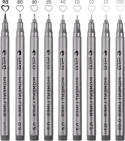 9 Fineliner Pennen Set, Waterproof Pigment Liner met 8 Lijnbreedtes en 1 Borstel voor Schetsen, Illustraties en Technische Tekeningen - Zwart