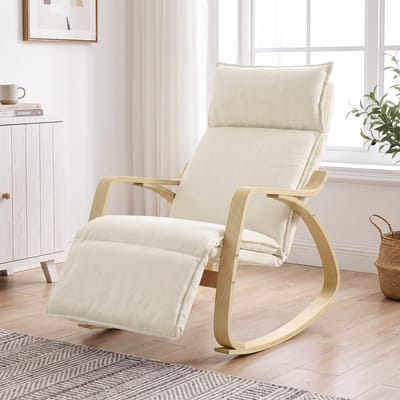 Schommelstoel met comfortabele bekleding - verstelbare schommelstoel voor ontspanning - schommelstoel met hoge rugleuning - schommelstoel met moderne uitstraling - 67B x 106T x 92H cm - geschikt voor woonkamer of slaapkamer - crème