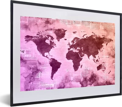 Poster in lijst - Fotolijst 60x40 cm - Posters - Wereldkaart - Paars - Krant - Posterlijst zwart - Decoratie - Wanddecoratie woonkamer - Muurdecoratie slaapkamer