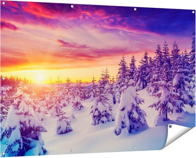 Gards Tuinposter Zonsondergang in het Sneeuw Bos - 150x100 cm - Tuindoek - Tuindecoratie - Wanddecoratie buiten - Tuinschilderij