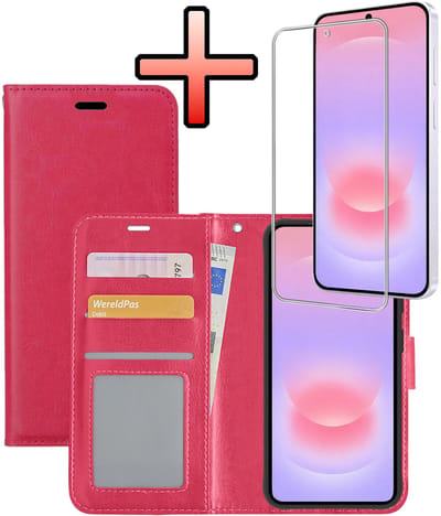 Hoesje - Met Screenprotector - Geschikt voor Samsung Galaxy A37 - Luxe Pasjeshouder - Bookcase Portemonee - Flip Case - Kunstleer Book Case - Flipcase - Book Cover - Walletcase - Portemonneehoes - Donkerroze