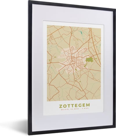 Fotolijst incl. Poster - Kaart - Retro - Plattegrond - Stadskaart - Zottegem - 30x40 cm - Posterlijst
