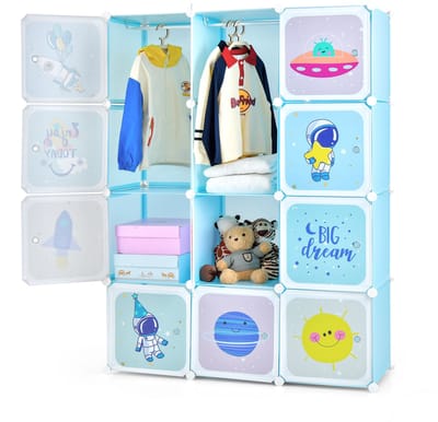 COSTWAY Kinderkledingkast, reksysteem van kunststof met 12 kubussen, kinderrek uitbreidbaar met deuren en 2 hangers, schattig, voor kinderkamer, speelkamer