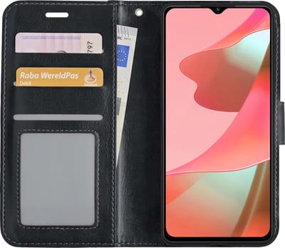 Hoesje - Met Pasjeshouder - Geschikt voor OPPO A16 - Luxe Bookcase Portemonee - Flip Case - Kunstleer Book Case - Flipcase - Book Cover - Walletcase - Portemonneehoes - Zwart