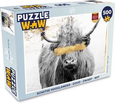 Puzzel Schotse hooglander - Goud - Zwart - Wit - Legpuzzel - Puzzel 500 stukjes