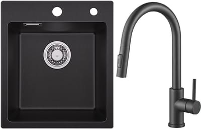 SOFETIY MAX Spoelbak Keuken Zwart 40x45CM - Graniet Spoelbakken Zwart - Enkele Spoelbak Met Keuken Kraan - Spoelbakken Incl. Sifon en Afvoerzeefje