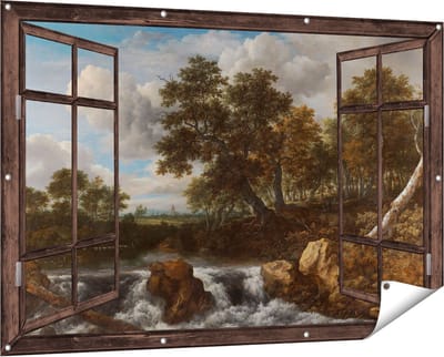 Gards Tuinposter Doorkijk Landschap met Waterval - Jacob van Ruisdael - 150x100 cm - Tuindoek - Tuindecoratie - Wanddecoratie buiten - Tuinschilderij