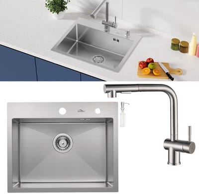 Auralum max Spoelbak 55 x 45 - Met keukenkraan met uittrekbare uitloop - Spoelbak Keuken RVS - Spoelbak Met Kraangat - Spoelbakken Keuken – Spoelbak met Afdruipgedeelte - Zilver