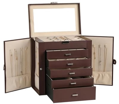 Grote 6-laags Sieradenbox van PU-leer - Multifunctionele Opbergdoos met Spiegel - Accessoirehouder met 5 Laden voor Kettingen, Armbanden en Horloges