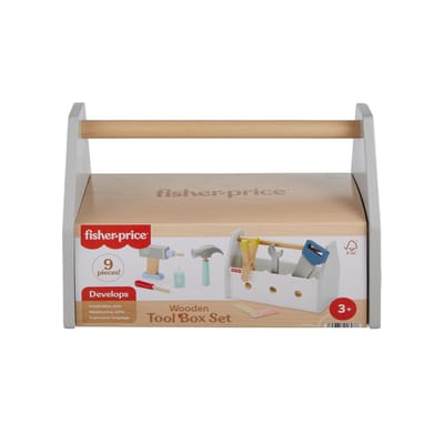 Fisher-Price houten gereedschapkist speelgoed voor kinderen.