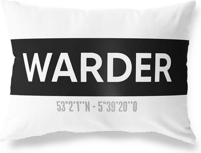 Tuinkussen WARDER - NOORD-HOLLAND met coördinaten - Buitenkussen - Bootkussen - Weerbestendig - Jouw Plaats - Studio216 - Modern - Zwart-Wit - 50x30cm