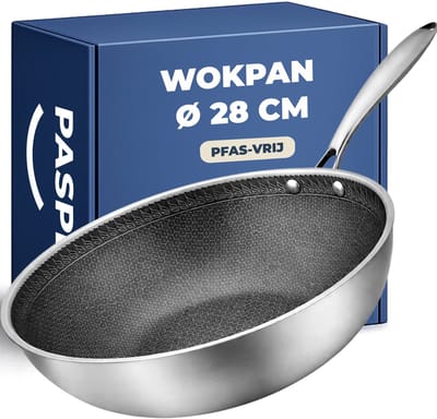 Pasper Wokpan Ø 28 cm - PFAS & PTFE vrij pan - Inductie, Elektrisch, Keramisch & Gas - RVS Honingraat Anti-Aanbakpan