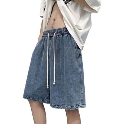 Heren denim shorts met elastische tailleband en verstelbaar trekkoord, casual shorts met losse pasvorm, wijde pijpen en dunne wassing. M