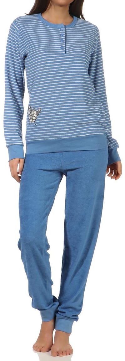 Dames badstof pyjama met lange mouwen, mouwboorden en schattige applicatie - 20 201 13 112