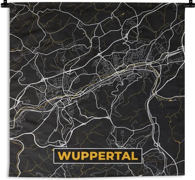 Wandkleed - Wanddoek - Wuppertal - Goud - Kaart - Stadskaart - Plattegrond - Duitsland - 180x180 cm - Wandtapijt