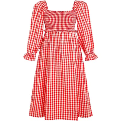 Miso Midi-jurk met lange mouwen en gingham-patroon voor dames (Rood, Wit)
