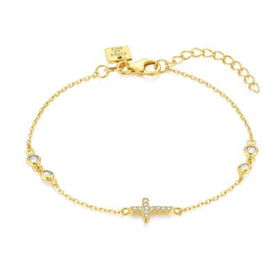 Twice As Nice Armband in 18kt verguld zilver, kruisje zirkonia, 4 zirkonia 16cm+3cm