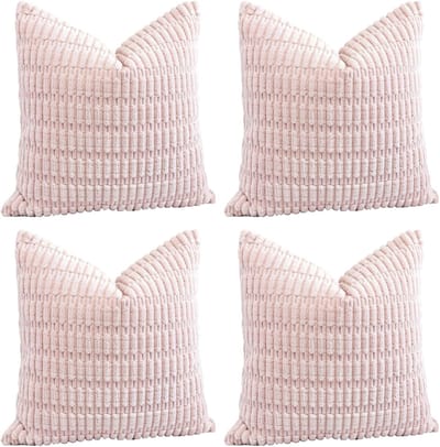 Famanu – Corduroy ribfluweel kussenhoezen set van 4 (45x45 cm) – zachte decoratieve sierkussenhoezen – roze – bank/slaapkamer