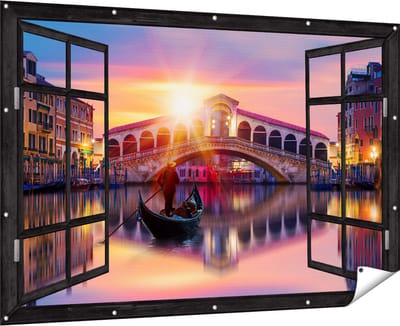 Gards Tuinposter Doorkijk Gondel bij de Rialtobrug in Venetië, Italië - 180x120 cm - Tuindoek - Tuindecoratie - Wanddecoratie buiten - Tuinschilderij