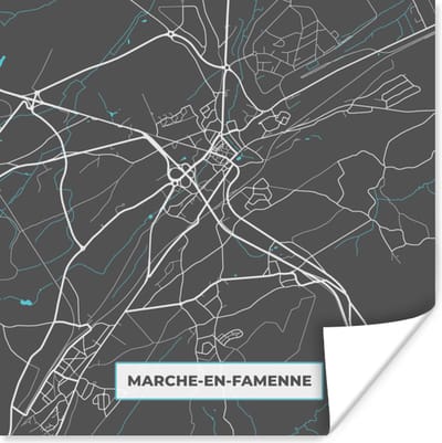 Poster België – Marche en Famenne – Stadskaart – Kaart – Blauw – Plattegrond - 100x100 cm XXL