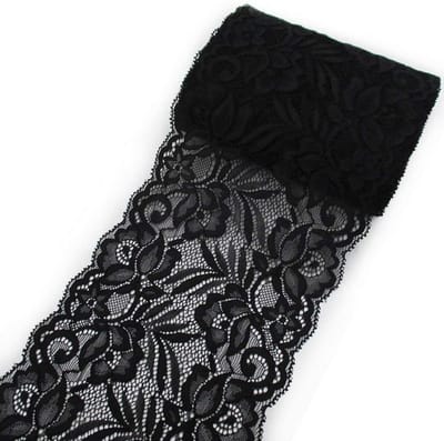 Zwarte elastische kantlint voor handwerk, lingerie en trouwdecoratie - 6 inch breed, perfect voor bloemenranden en versieringen