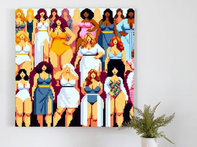 Pixel art dikke dames schilderij | Pixelige vrolijke vrouwen dansen door het digitale kunstlandschap heen | Kunst - 40x40 centimeter op Canvas | Foto op Canvas