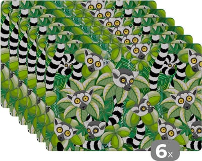 Placemat - Placemats kunststof - Patroon - Jungle - Ringstaartmaki - 45x30 cm - 6 stuks - Hittebestendig - Anti-Slip - Onderlegger - Afneembaar