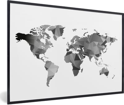 Poster in lijst - Fotolijst 120x80 cm - Posters - Wereldkaart - Zwart - Grijs - Wit - Kinderen - Jongetjes - Meisjes - Posterlijst zwart - Decoratie - Wanddecoratie woonkamer - Muurdecoratie slaapkamer