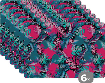 Placemat - Placemats kunststof - Bladeren - Hawaii - Design - Roze - Blauw - 45x30 cm - 6 stuks - Hittebestendig - Anti-Slip - Onderlegger - Afneembaar