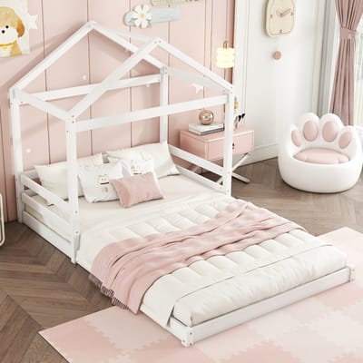 DESMIU Huisbed 140 x 200 cm – Kinderbed In Huisvorm Met Lattenbodem – Speels Ontwerp Voor Kinderkamer Of Logeerkamer – Grenenhout En MDF – Wit Zonder Matras