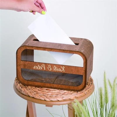 Bruiloftsbrievenbus - Gepersonaliseerde doos - Kaarten verzamelen - Rustieke decoratie - 24 x 18 x 16 cm - Roodbruin