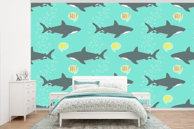 Behang - Fotobehang Patronen - Water - Haai - Jongens - Jongetje - Kind - Kids - Breedte 345 cm x hoogte 220 cm