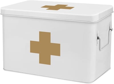 EHBO-medicijndoos organiser - Lege metalen opbergbak met afneembaar dienblad en gouden kruis