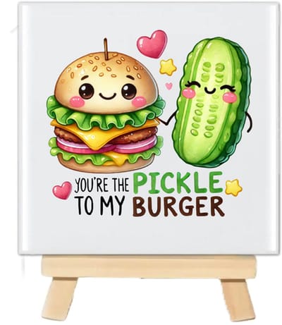 Tegeltje met tekst en schattig Kawaii food - You are the Pickle to my Burger - 10x10cm - inclusief houten standaard