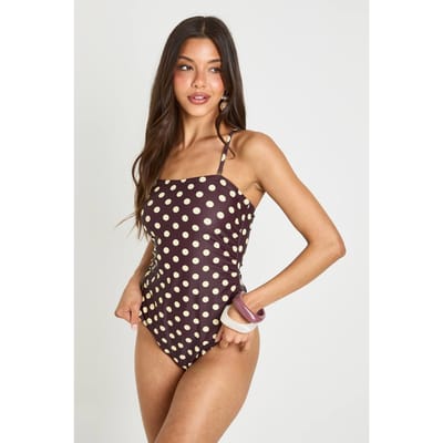 boohoo Dames Essentials Bandeau Badpak Met Stippenprint En Afneembare Bandjes | Chocoladebruin | Maat: 38