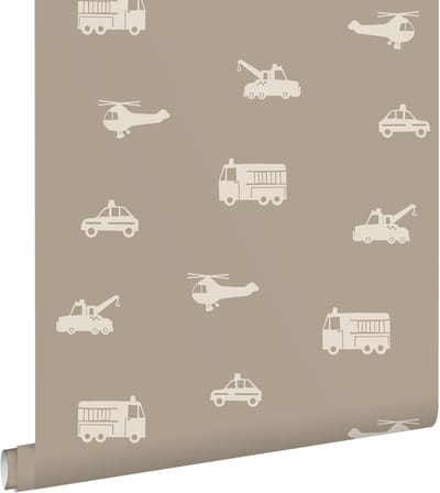 ESTAhome behang auto's, brandweerauto's, helikopters en kranen taupe - 53 cm x 10.05 m - 131399