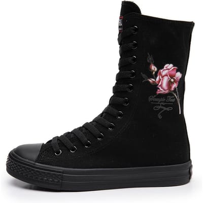 Dames Canvas Laarzen Lange Laarzen Rits Schoenen Flats Platform Hoge Top Vetersluiting Rits Comfortabele Vulcaniseer Sneakers Ademende Flats 41 black