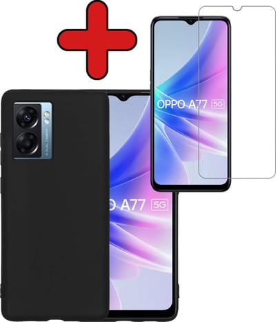 Hoesje - Met Screenprotector - Geschikt voor OPPO A77 - Sterk & Shockproof - Telefoon Hoes - Back Cover - Siliconen Case - Telefoonhoes - Zwart