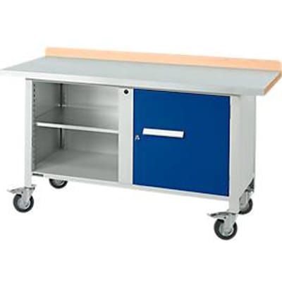 Verrijdbare werkbank Schäfer Shop Select PWi 150-1, beuken decor multiplex blad, met stalen afdekking, tot 400 kg, B 1500 x D 700 x H 840 mm