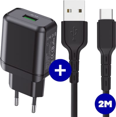 Usb Adapter met usb-C Kabel - 2 Meter - Snellader - Quick Charge 18w - Voor S21,Tab S7,Tab A8,Tab S6 Lite, A52, A53, A51, A13, S22, S21, S10