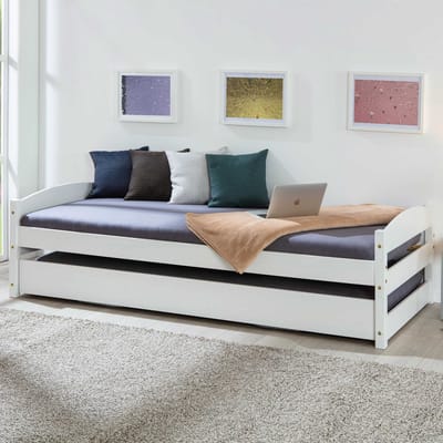 Bed Vindas 90x200 met in hoogte verstelbaar logeerbed - wit - Interlink - Eenpersoons bedkader - Wit - Hout Eenpersoons Normaal bed