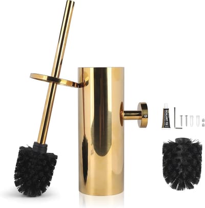 Dailygoods - EXLECO roestvrij staal gouden wc-borstel met vervangbare borstel, wateropvangbak, toiletborstel en toiletborstelhouder voor wandmontage, staande wc-borstelhouder, wc-garnituur, badkameraccessoires