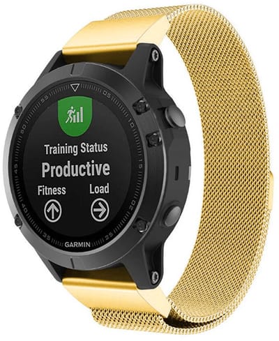 Stravo Milanese bandje RVS geschikt voor Garmin Fenix 5x (Plus) / Fenix 6x (Pro) / Fenix 7x (Pro - Sapphire - Solar) / Garmin Fenix 8 - 51mm / Enduro 1-2-3 - Quickfit 26mm band voor Garmin smartwatches - Milanees Horlogebandje - Goud