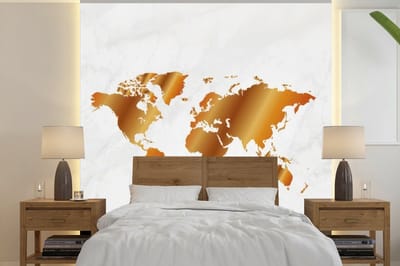 Behang - Fotobehang Wereldkaart - Marmer - Goud - Breedte 280 cm x hoogte 280 cm