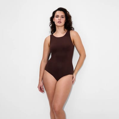 cfab - Bodysuit met ronde hals en strikjes - Bruin - XS - Corrigerende Body - Naadlos - corrigerend ondergoed dames