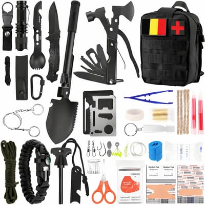 XXL Survival Kit 92-in-1 – Noodpakket Outdoor & Camping – Bushcraft Survival Set met EHBO Kit, Multitool, Bijl, Zaklamp & Paracord – Inclusief Tactische Tas met BE Patch