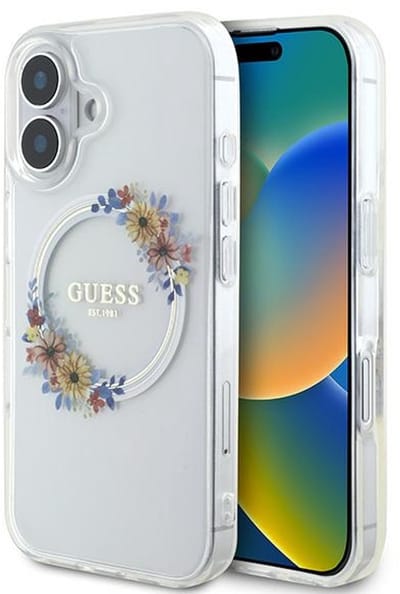 Guess Flowers Wreath Serie - Transparante Beschermhoes - MagSafe Technologie - Voor iPhone 16 Plus